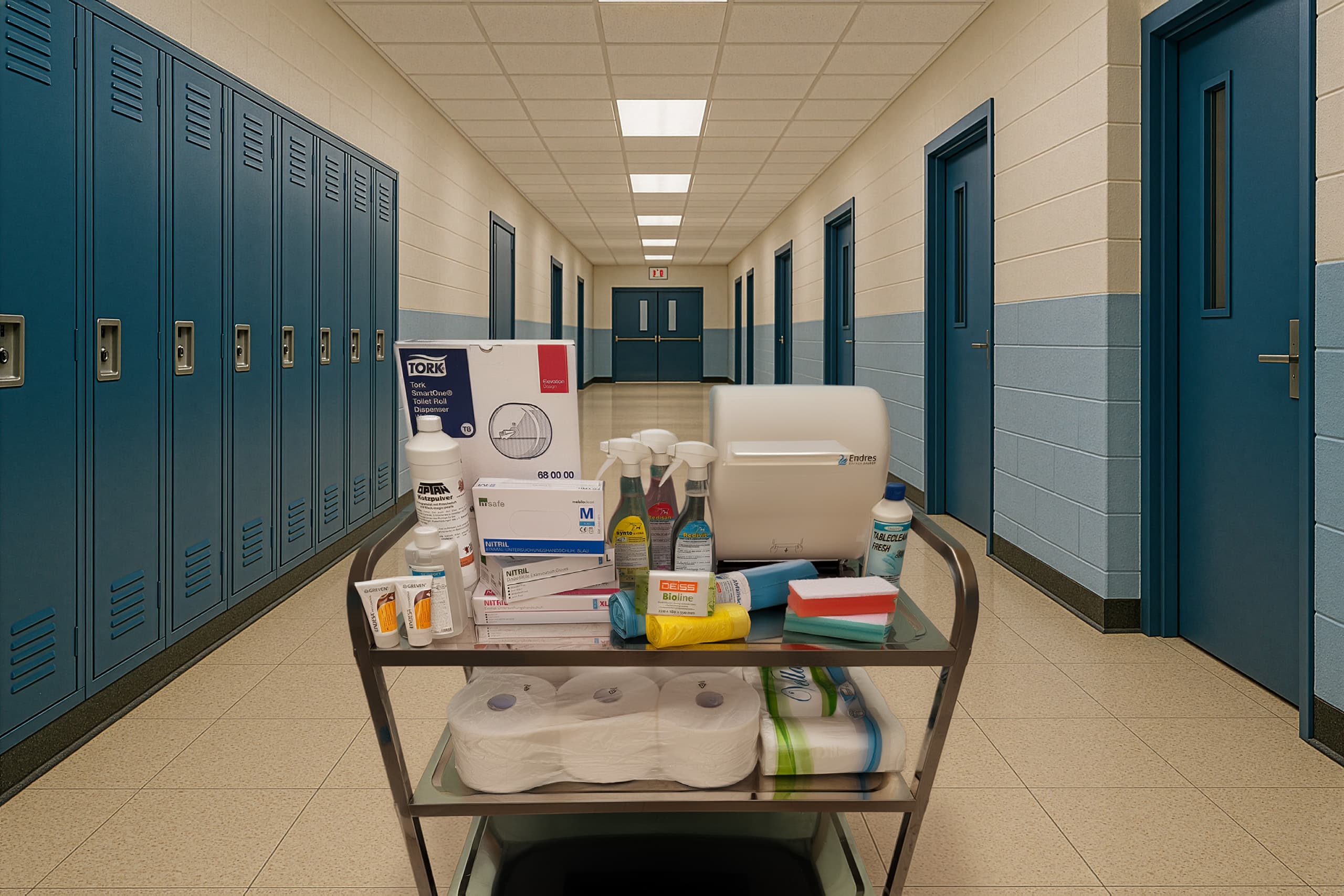 Clean & Care Hero Section (Servierwagen im Gang einer Schule)